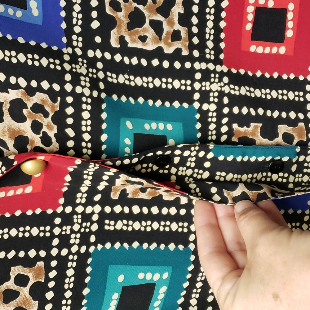 90s Geometric Color Block Leopard Print Blouse Sz… - image 6